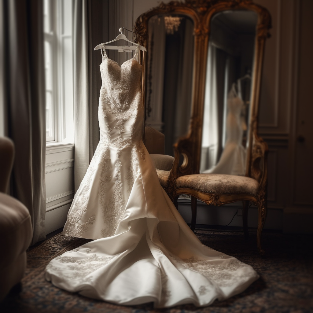 A bridal gown hanging in front of a mirror in a dressing room.